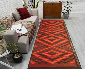 Flat Weave Kilim, Antique, Navaho, Vintage, Handmade, Geometric Kilim Rust Burgundy Hand-Woven Runner 100% Wool Area Rug 4 x 12